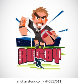 Rugby player with rugby ball character design . logotype - vector illustration