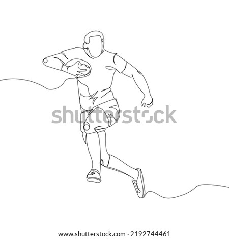Rugby player with ball player with ball one line art. Continuous line drawing American football, game, sport, soccer ball, activity, training, running, competition, cleats.