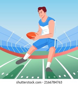 A Rugby player catch the ball on stadium. Rugby player in action. Flat vector illustration. player catch ball on stadium rugby field