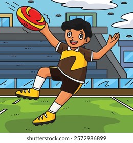 Rugby Player Catching the Ball Colored Cartoon 