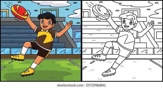 Rugby Player Catching Ball Coloring Illustration