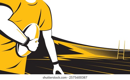 Rugby player catching ball on field background. The sports competitions.
