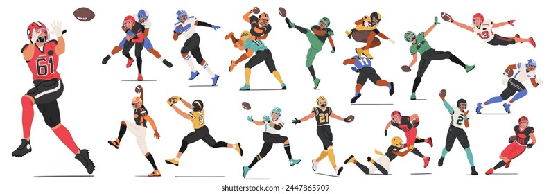 Rugby Player Characters Charge Across The Field, Tackling Fiercely, Sprinting, And Skillfully Passing The Ball, Embodying Teamwork And Sheer Physical Prowess. Cartoon People Vector Illustration, Set