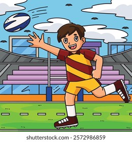 Rugby Player Chasing the Ball Colored Cartoon