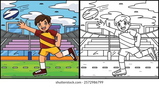 Rugby Player Chasing Ball Coloring Illustration