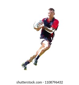 Rugby player in dark jersey running with ball, colorful polygonal vector illustration. Low poly