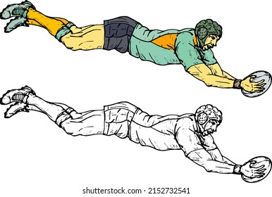 Rugby player dive to score a try goal, isolated against white. Hand drawn vector illustration.