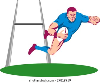 Rugby player diving to score a try with goal post in the background