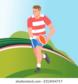 Rugby player fast running across field match carrying the ball