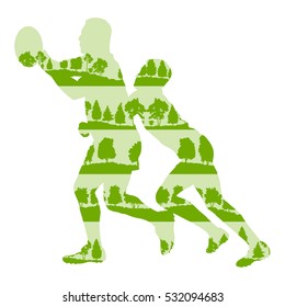 Rugby player fight silhouette vector abstract background made of forest trees fragments isolated on white