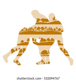 Rugby player fight silhouette vector abstract background made of forest trees fragments isolated on white