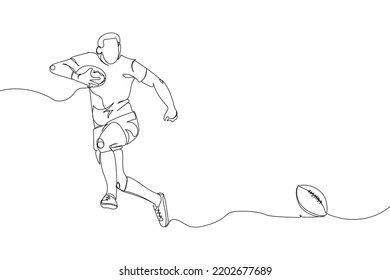 Rugby Player, Forward With Ball Set One Line Art. Continuous Line Drawing American Football, Game, Sport, Soccer Ball, Activity, Training, Running, Competition, Cleats.