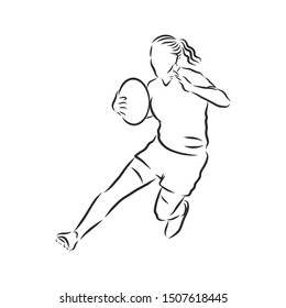 Rugby player girl sketch, contour vector illustration 