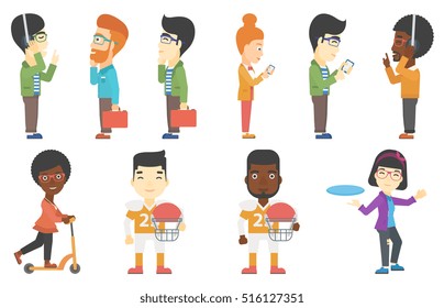 Rugby player holding rugby ball and helmet in hands. Young rugby player in uniform. Illustration of full length of rugby player. Set of vector flat design illustrations isolated on white background.