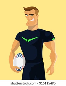 Rugby player holding a rugby ball. Vector flat illustration