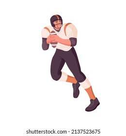 Rugby player holding caught grabbed ball in hands and running. American football athlete during sports game activity. Man in helmet playing. Flat vector illustration isolated on white background