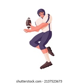 Rugby player holding and throwing ball with hand. American football athlete during sports game. Sportsman in helmet, uniform playing. Flat vector illustration isolated on white background