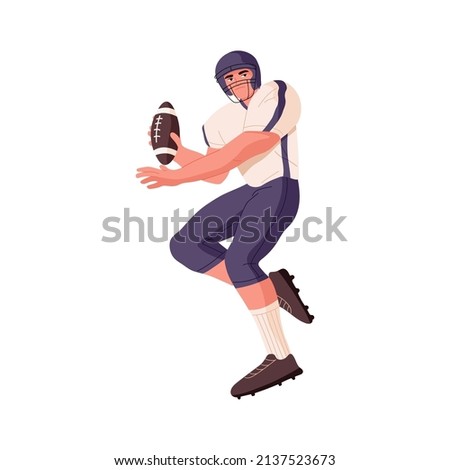 Rugby player holding and throwing ball with hand. American football athlete during sports game. Sportsman in helmet, uniform playing. Flat vector illustration isolated on white background