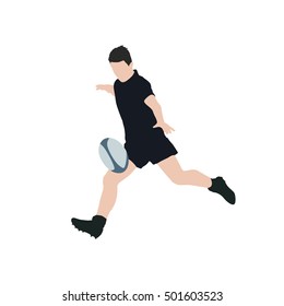 Rugby player kick ball, vector illustration. Running man with ball. Black jersey. Team sport