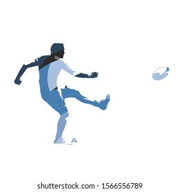 Rugby player kicking ball, abstract blue vector illustration