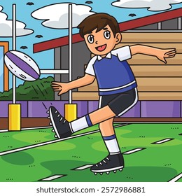 Rugby Player Kicking the Ball Colored Cartoon 