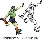 Rugby player kicking a ball. Hand drawn vector illustration.