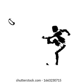 Rugby player kicking ball, isolated vector silhouette, ink drawing