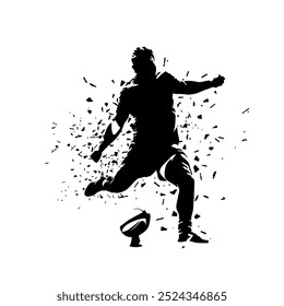 Rugby player kicking ball, isolated vector silhouette, side view