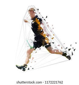 Rugby player kicking ball, low polygonal vector illustration, side view. Geometric shape