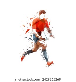 Rugby player kicking ball, low poly isolated vector illustration. Team sport athlete