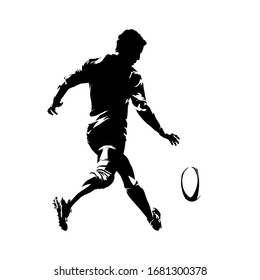 Rugby player kicking ball, rear view. Isolated vector silhouette. Ink drawing