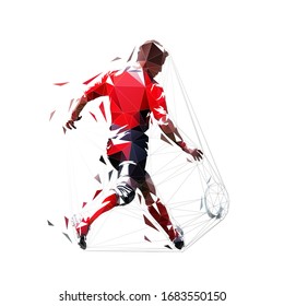 Rugby player kicking ball, rear view. Low polygonal vector illustration. Geometric drawing