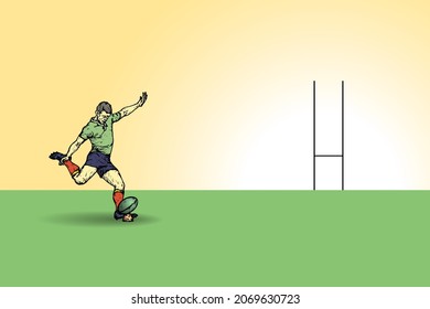 A rugby player kicking a penalty goal towards a goal post. Hand drawn vector illustration.