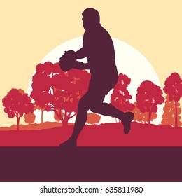 Rugby player man landscape vector background with forest trees