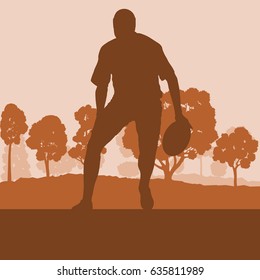 Rugby player man landscape vector background with forest trees