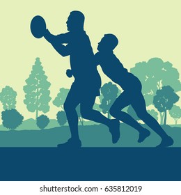 Rugby player man landscape vector background with forest trees
