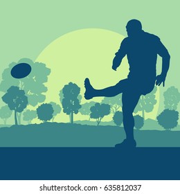 Rugby player man landscape vector background with forest trees