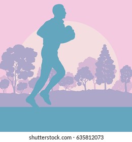 Rugby player man landscape vector background with forest trees
