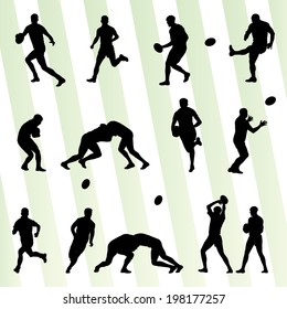 Rugby player man silhouette vector background set 