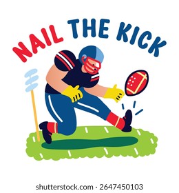 Rugby player with nail the kick text, flat sticker