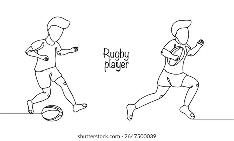 A rugby player passes with his foot, kicking a rugby ball. The second player drawn next to him runs forward, holding the ball in his hands. Vector illustration on the theme of sports.