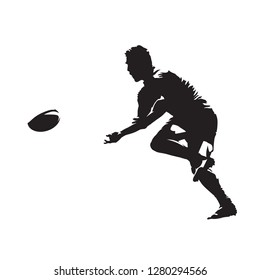 Rugby player passing ball, isolated vector silhouette, side view. Team sport