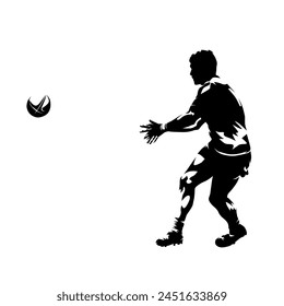 Rugby player passing ball, isolated vector silhouette, side view