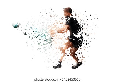 Rugby player passing ball, isolated low poly vector illustration with shatter effect, side view