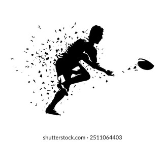 Rugby player passing ball, isolated vector silhouette