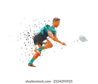 Rugby player passing ball, isolated low poly vector illustration, geometric drawing from triangles. Team sport athlete