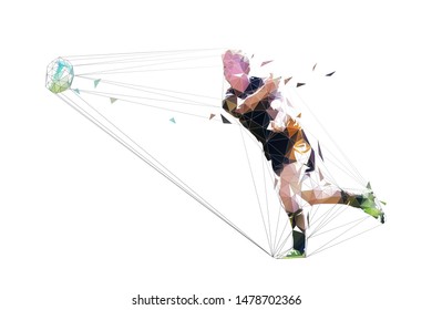 Rugby player passing ball, low polygonal geometric vector illustration