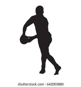 Rugby player passing ball, vector silhouette