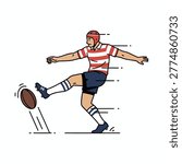 Rugby Player Performing Drop Kick – Dynamic Kicking Action Flat Vector Illustration Isolated on White