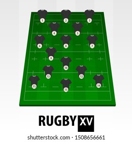 Rugby player position on green rugby field. Vector rugby illustration.